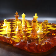 Natural Baltic amber chess set with carved amber board, handcrafted in USA by KIZIMA
