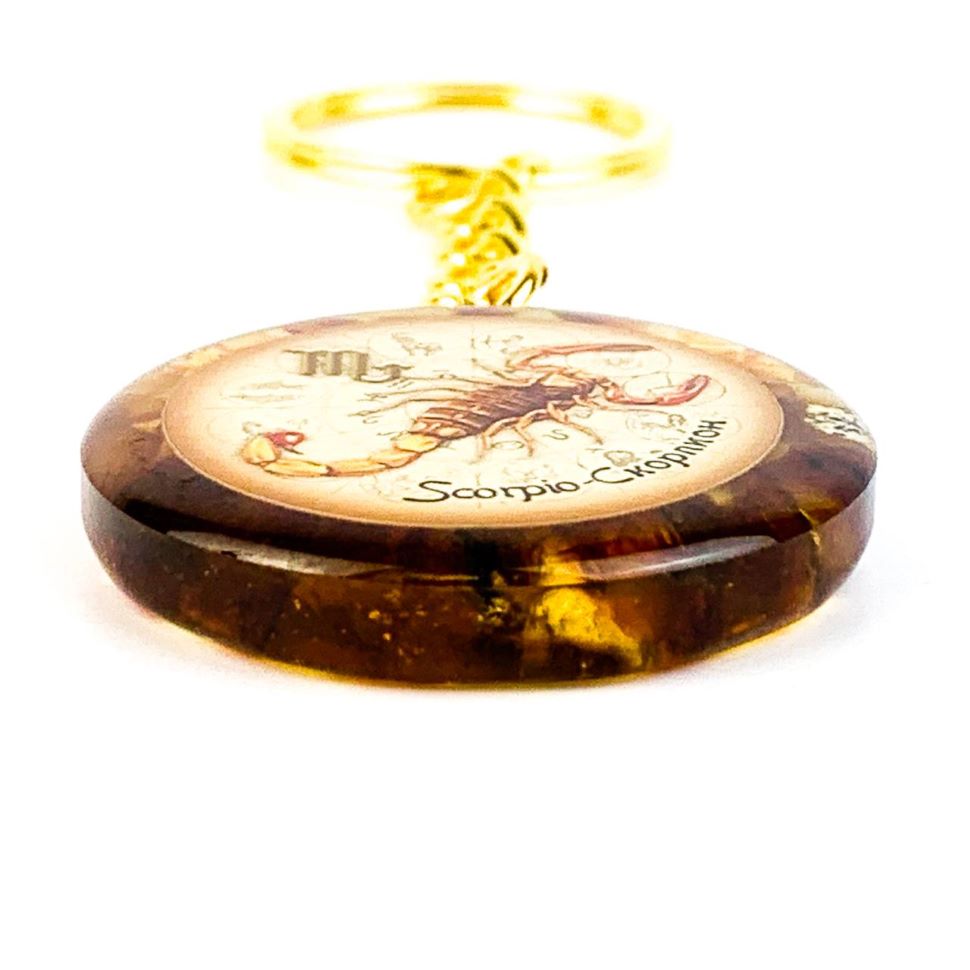 Baltic amber Scorpio keychain side view showing amber mosaic pattern KIZIMA Made in USA