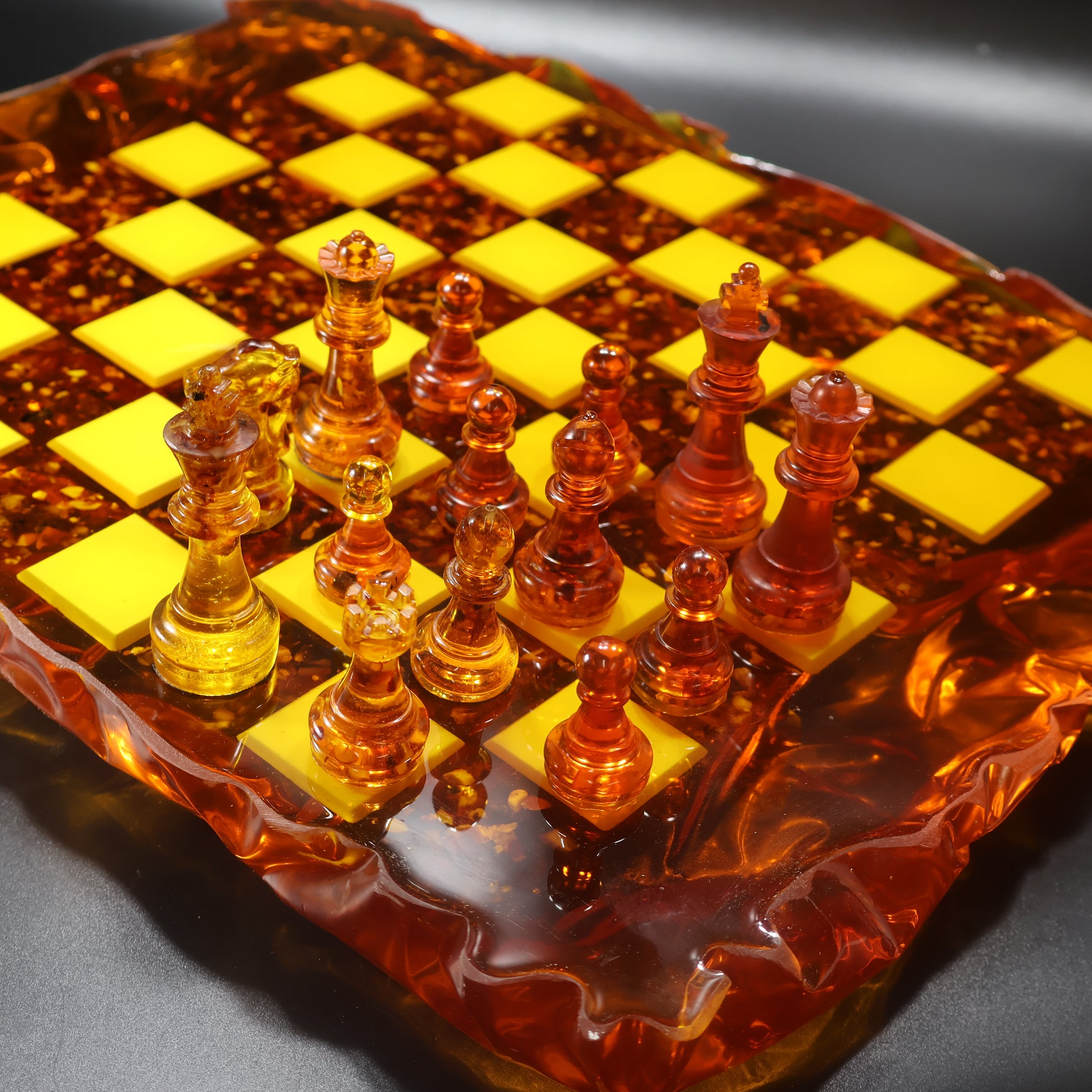 Natural Baltic amber chess set centerpiece for office or living room, handcrafted in New York
