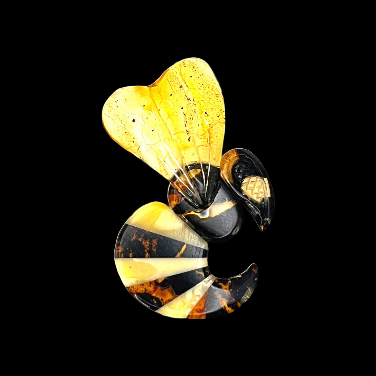 KIZIMA® Baltic amber wasp brooch studio photo on black background — handmade insect art jewelry, entomologist gift, Made in USA