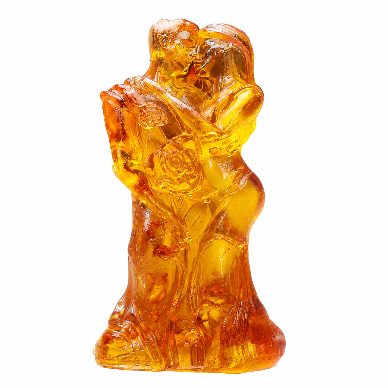 Handmade Baltic amber bride and groom couple sculpture holding a bouquet, warm honey amber
