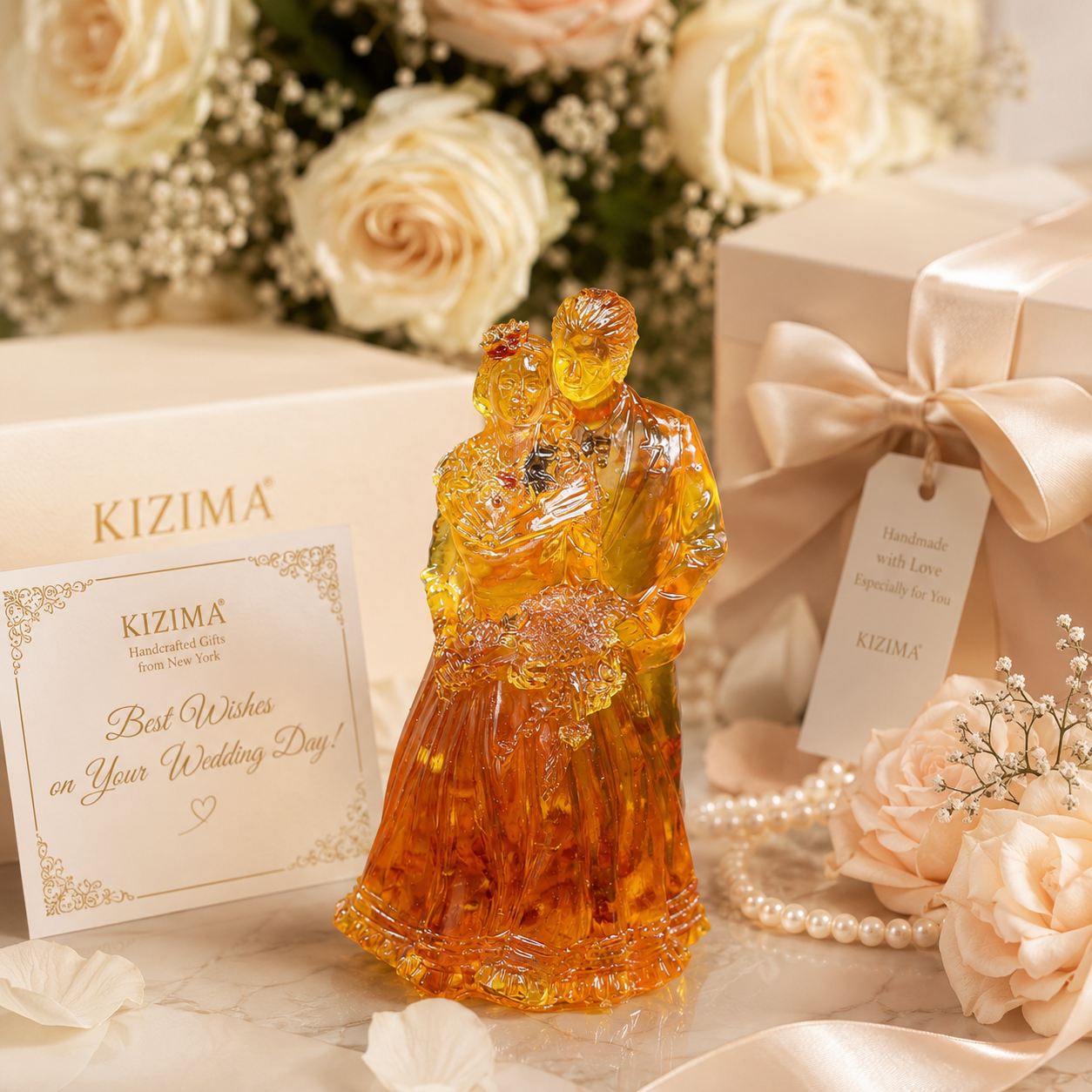 Handcrafted Baltic amber bride and groom figurine, romantic couple sculpture in warm honey amber