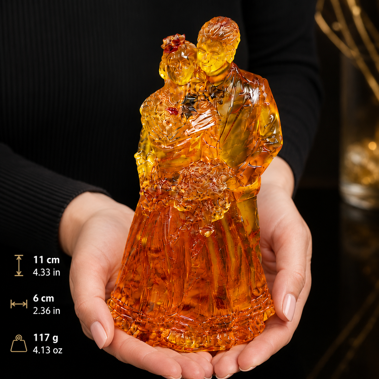 Warm honey Baltic amber figurine of loving couple, tabletop display piece by KIZIMA