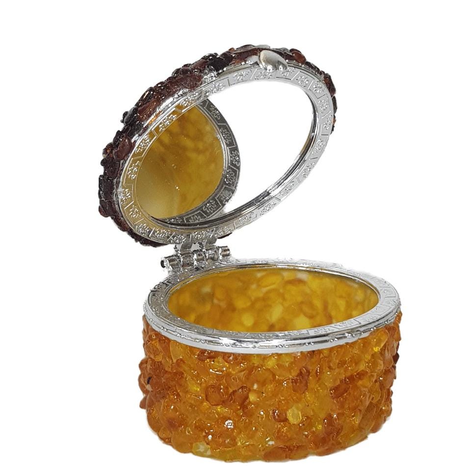 Oval mirror Baltic amber jewelry box by KIZIMA® — genuine amber decor, handmade in USA, detail view