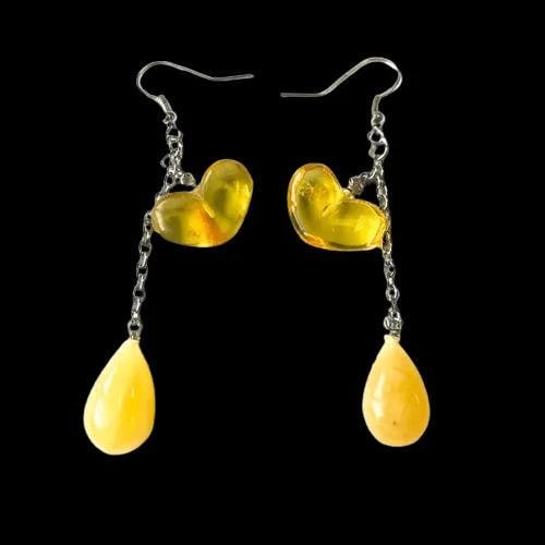 USA Handmade Droplet-Heart Earrings with Baltic Amber KIZIMA