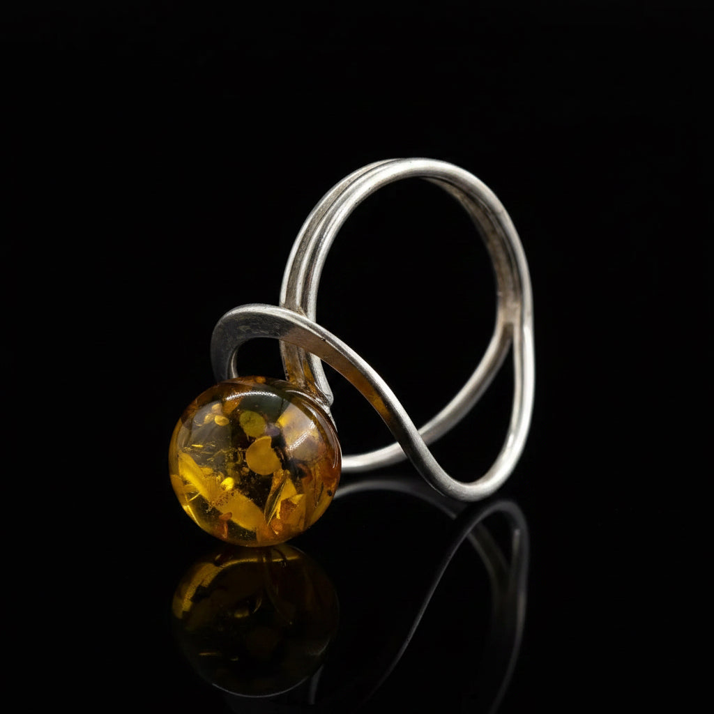 Handmade Baltic amber ball pattern ring by KIZIMA® USA — natural amber jewelry, side view