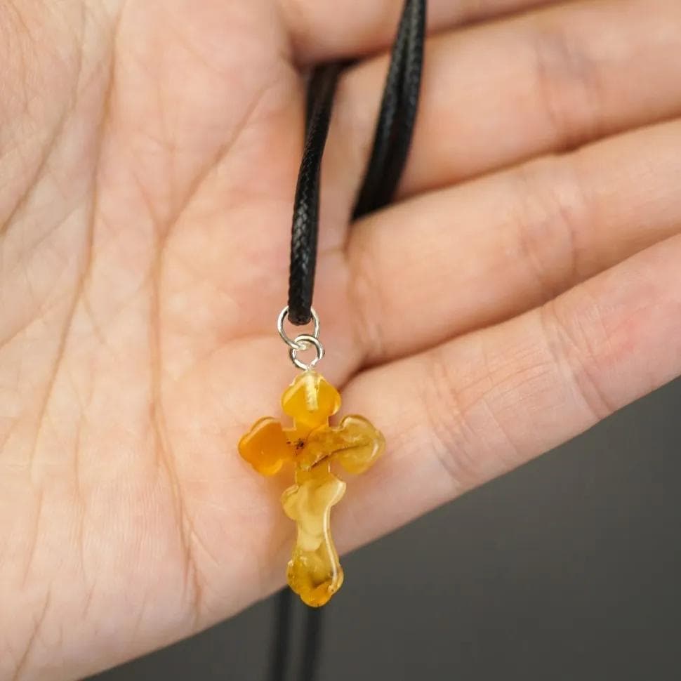 Handmade Elegant Natural Baltic Amber Cross - Handcrafted Orthodox Pendant - Religious Gift