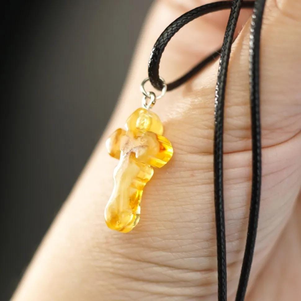Handmade Elegant Natural Baltic Amber Cross - Handcrafted Orthodox Pendant - Religious Gift