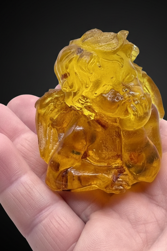 KIZIMA® angel boy Baltic amber figurine — natural amber, made in USA, angled view