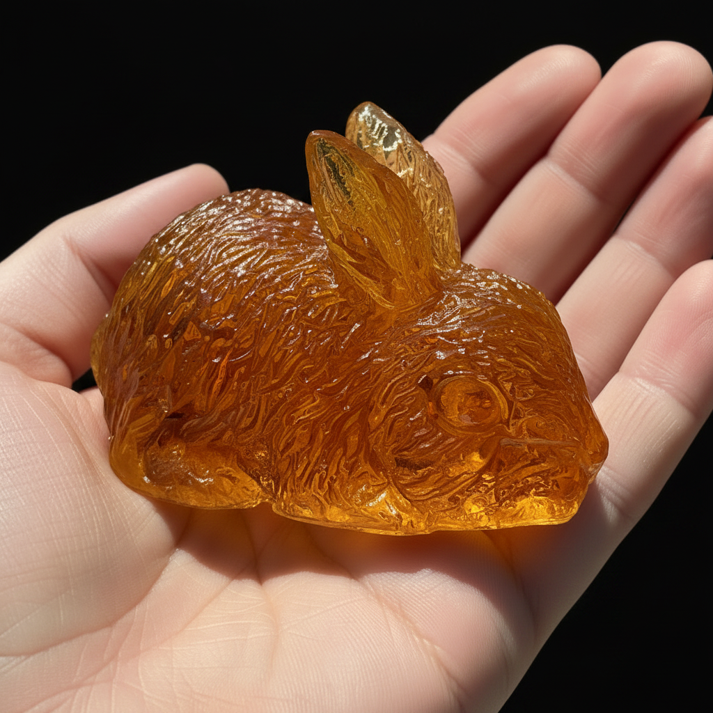 KIZIMA® Baltic amber rabbit figurine — natural amber, made in USA, side view