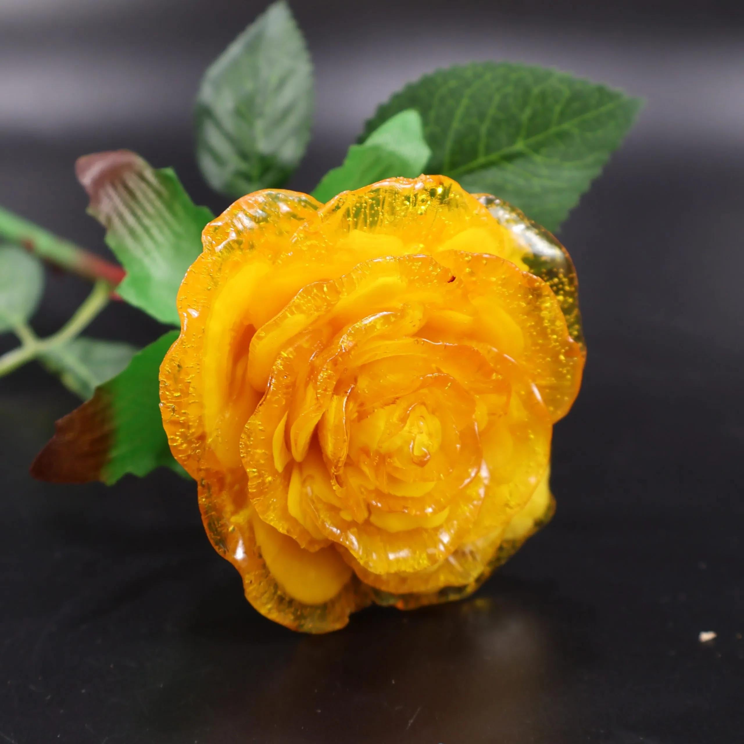 Amber Rose in Personalized Wooden Gift Box Handmade Gemstone Baltic Amber Flower, Eternal Rose for Her, Custom Birthday or Mother’s Day Gift