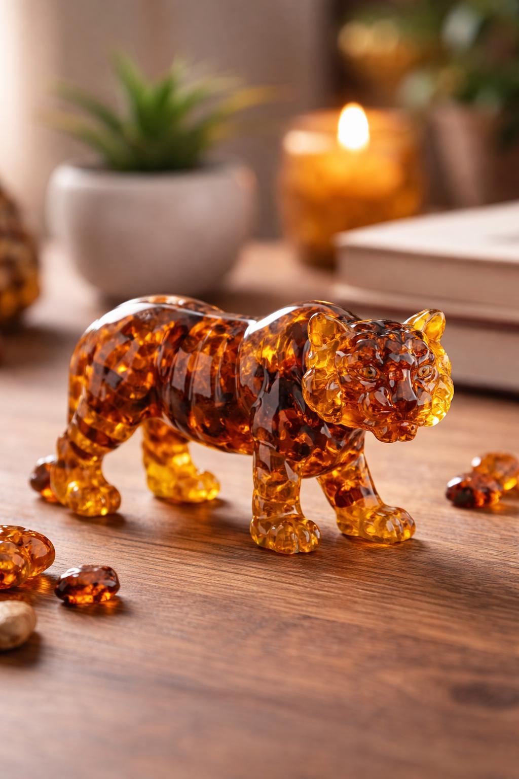 Handmade Baltic Amber Tiger Figurine – KIZIMA Animal Sculpture, USA Decor
