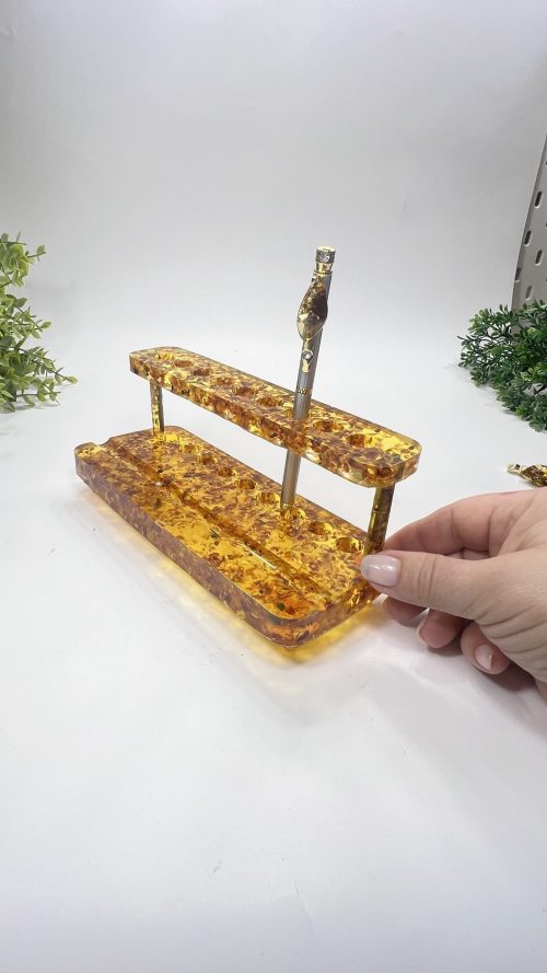 Executive Amber Pen Holder – Handmade Luxury Desk Organizer | 2 Tiers, 9 Slots | Premium Gift for Men & Women
