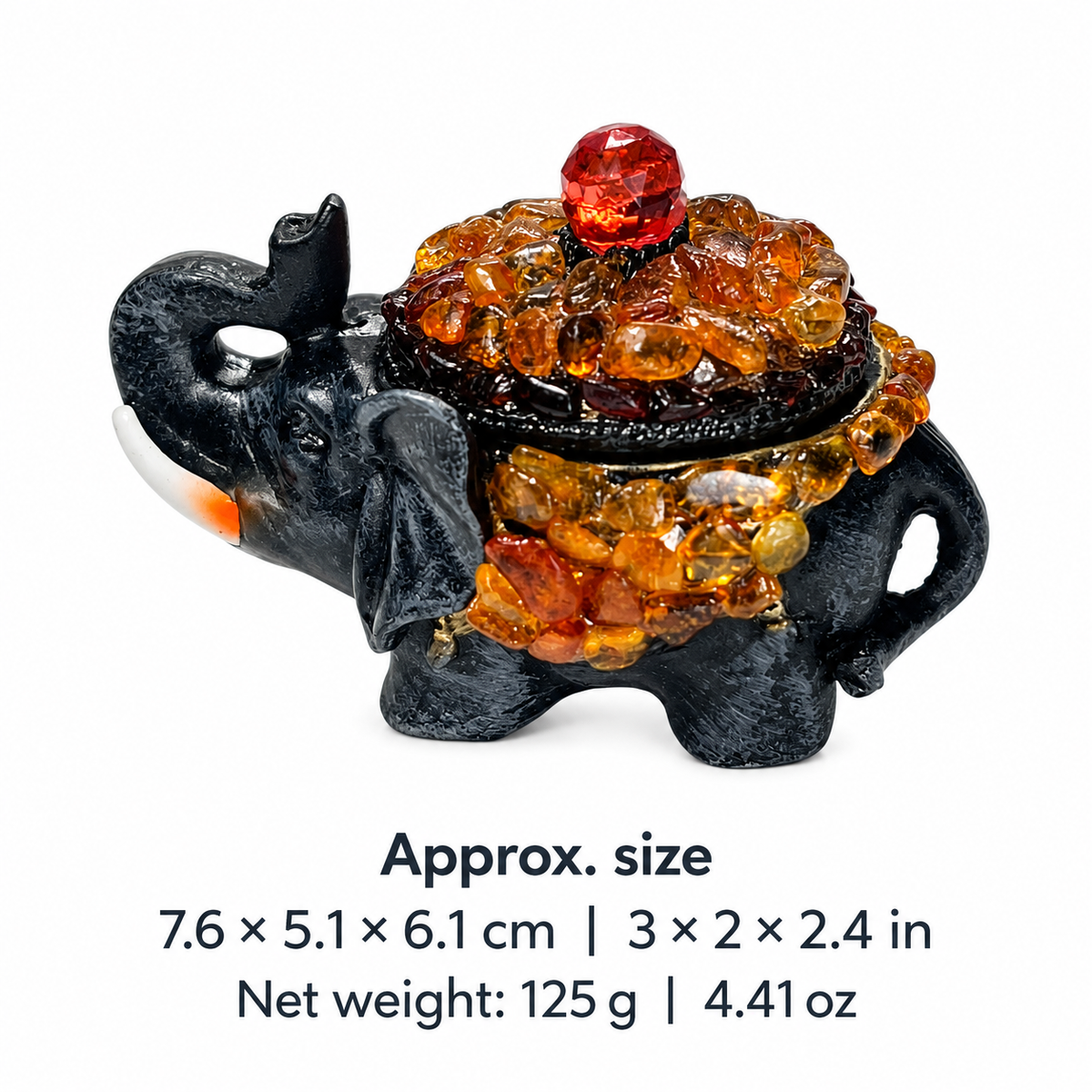 KIZIMA amber elephant jewelry box, approximate size 7.6 × 5.1 × 6.1 cm (3 × 2 × 2.4 in), net weight 125 g (4.41 oz)
