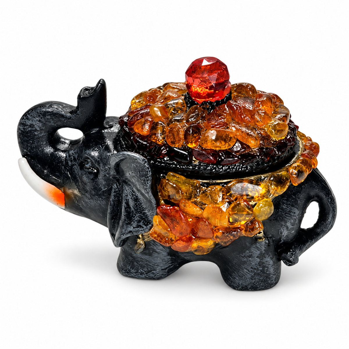 KIZIMA Baltic amber elephant jewelry box on a white studio background