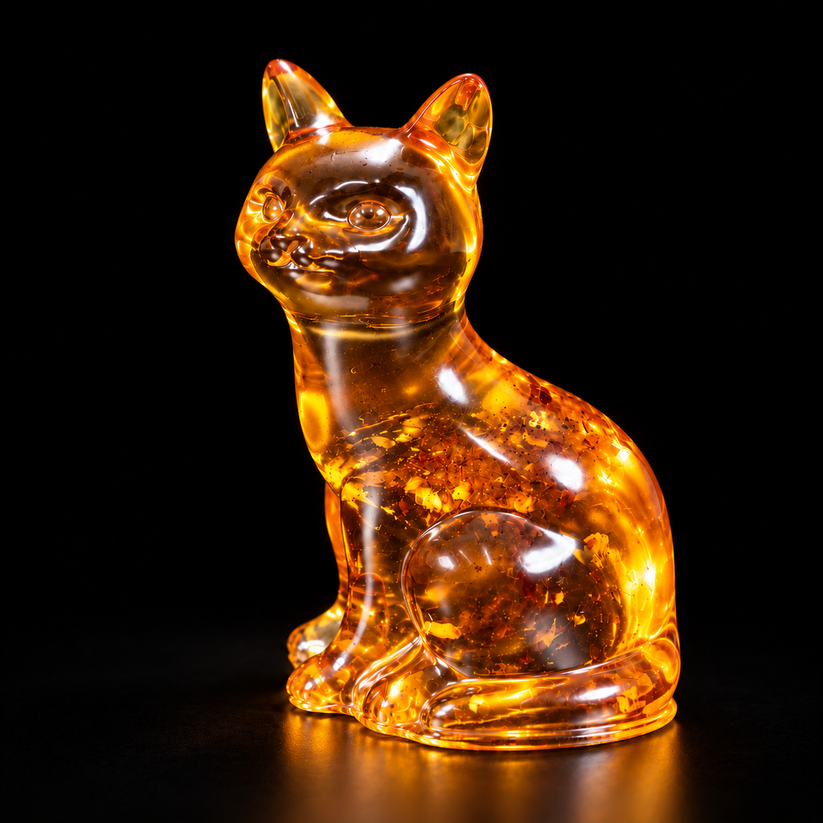 KIZIMA cognac amber sitting cat, 11 cm, with natural transmitted amber light on a deep black studio background