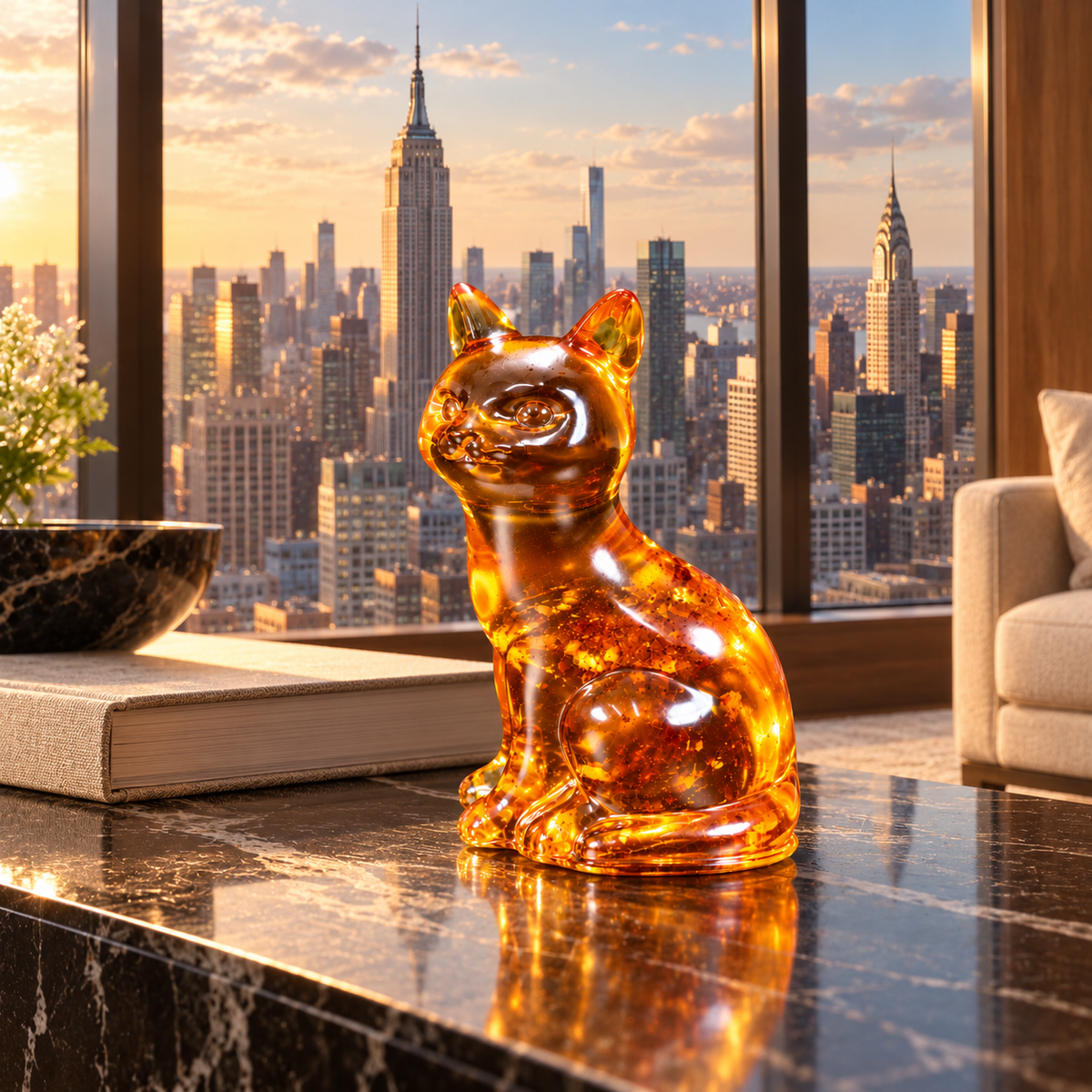 KIZIMA cognac amber sitting cat on black marble in a luxury New York interior with Empire State and Chrysler Buildings visible through the window