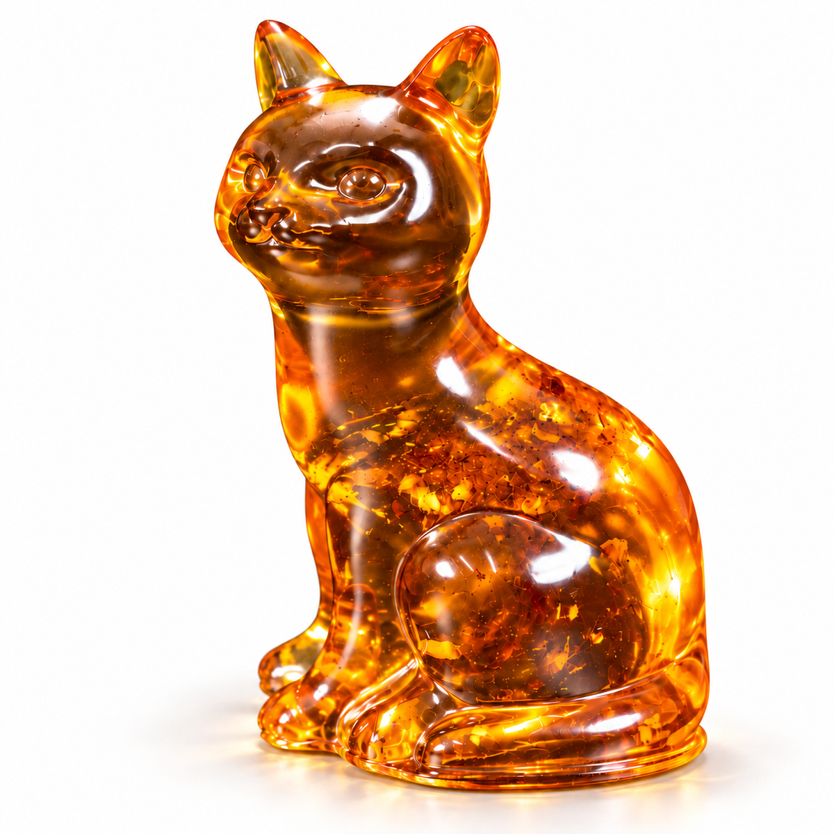 KIZIMA cognac amber sitting cat with polished highlights and natural amber inclusions on a white studio background