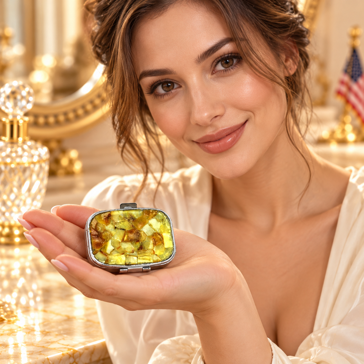 Adult woman holding the actual-size KIZIMA 38a0150q31 amber jewelry box