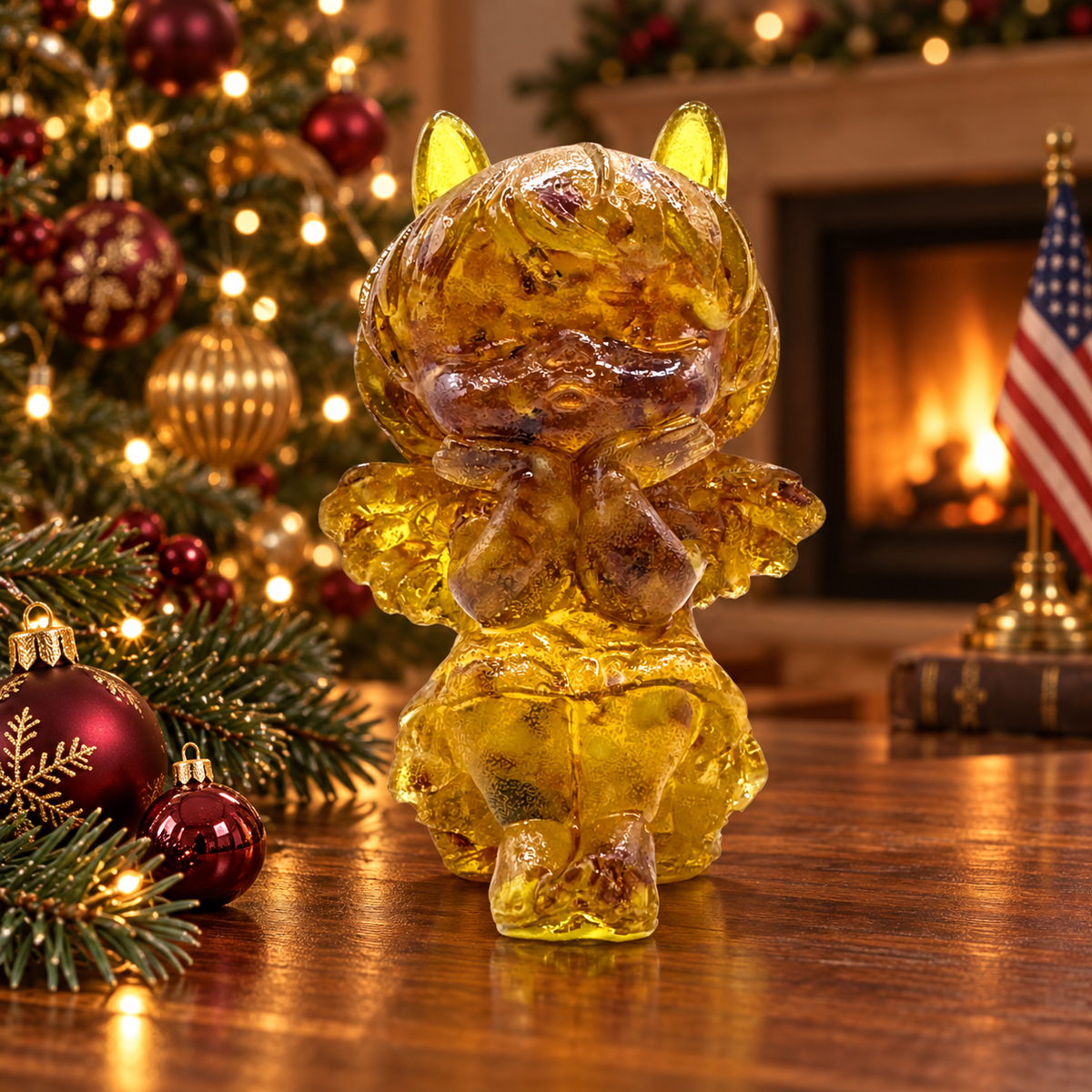Seated amber angel with pointed ears, rounded head and folded hands on a polished wood table beside Christmas ornaments, a lighted tree and an American flag.