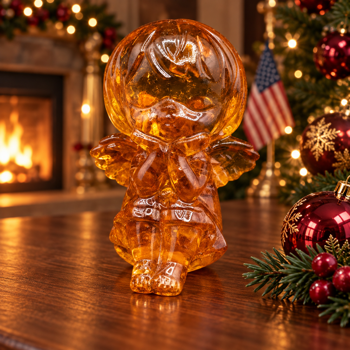 Seated angel girl with a rounded bob haircut and folded hands on a polished wood table beside Christmas ornaments, a lighted tree and an American flag.