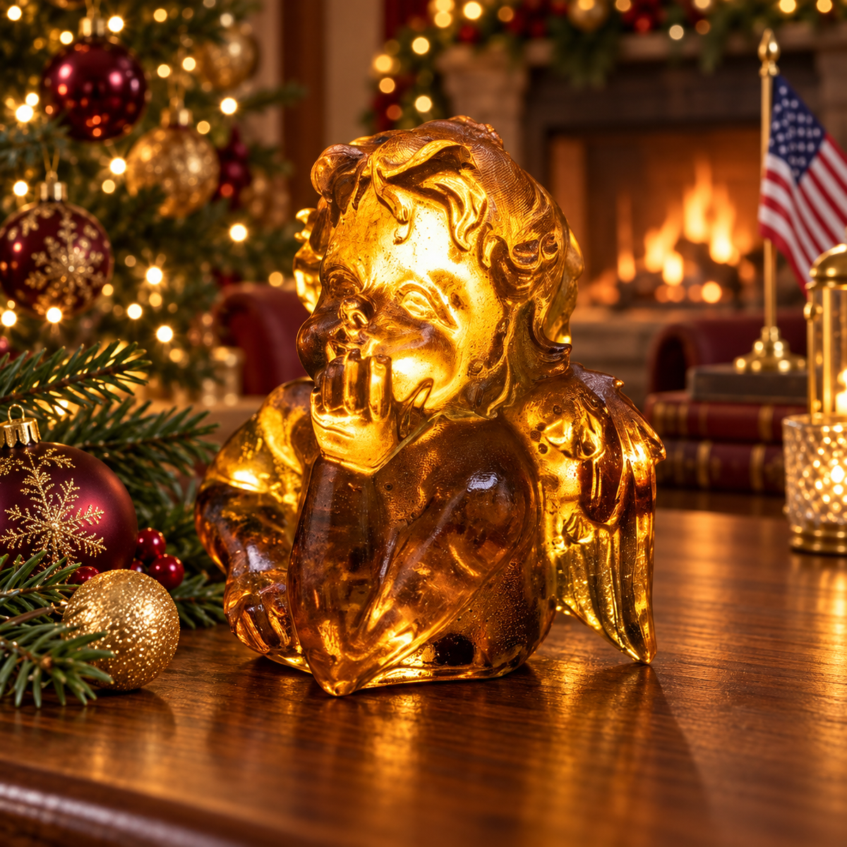 Curly-haired amber angel boy resting his face in one hand on a polished wood table beside Christmas ornaments, a lighted tree and an American flag.