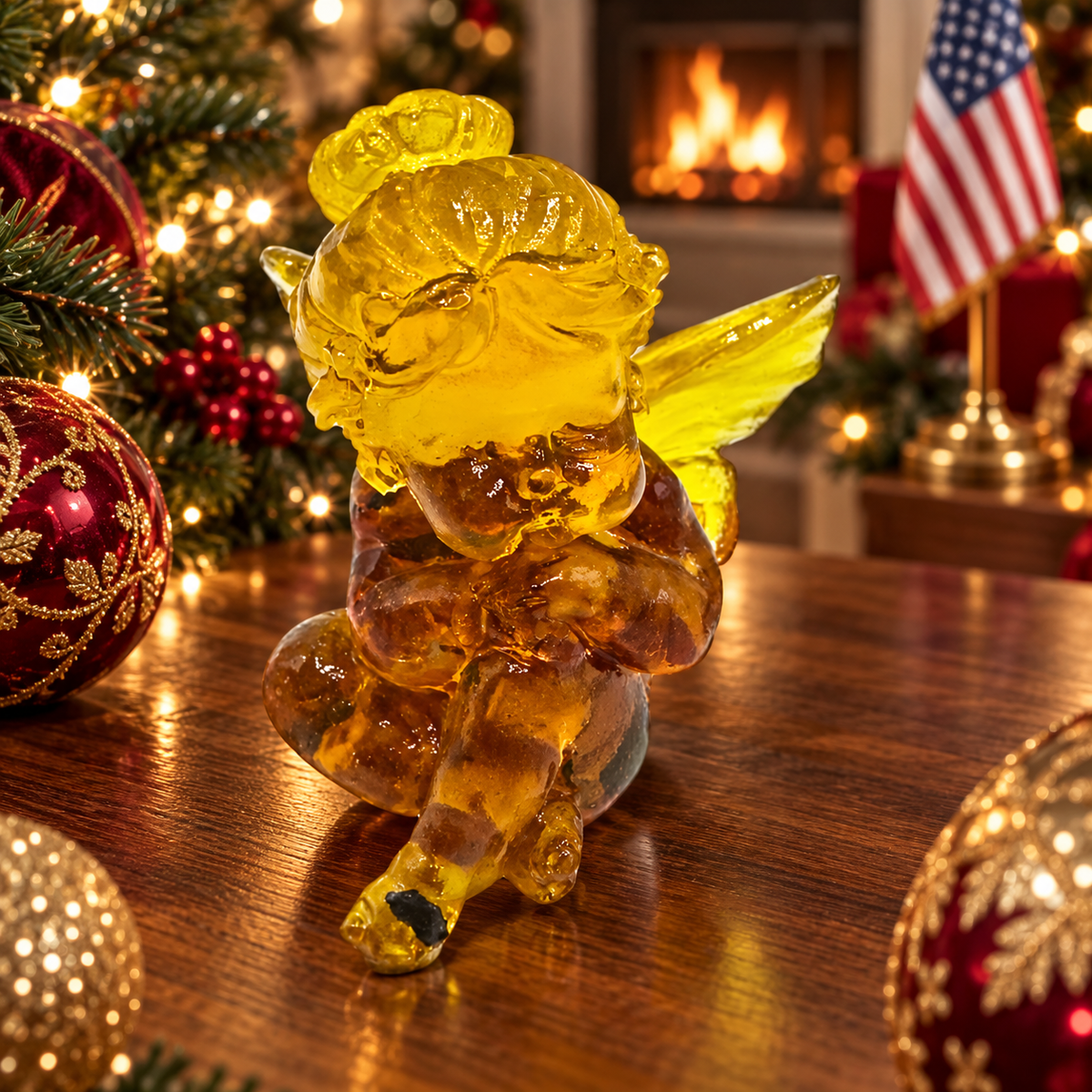 Small amber angel with a floral wreath, tilted head and crossed legs on a polished wood table beside Christmas ornaments, a lighted tree and an American flag.