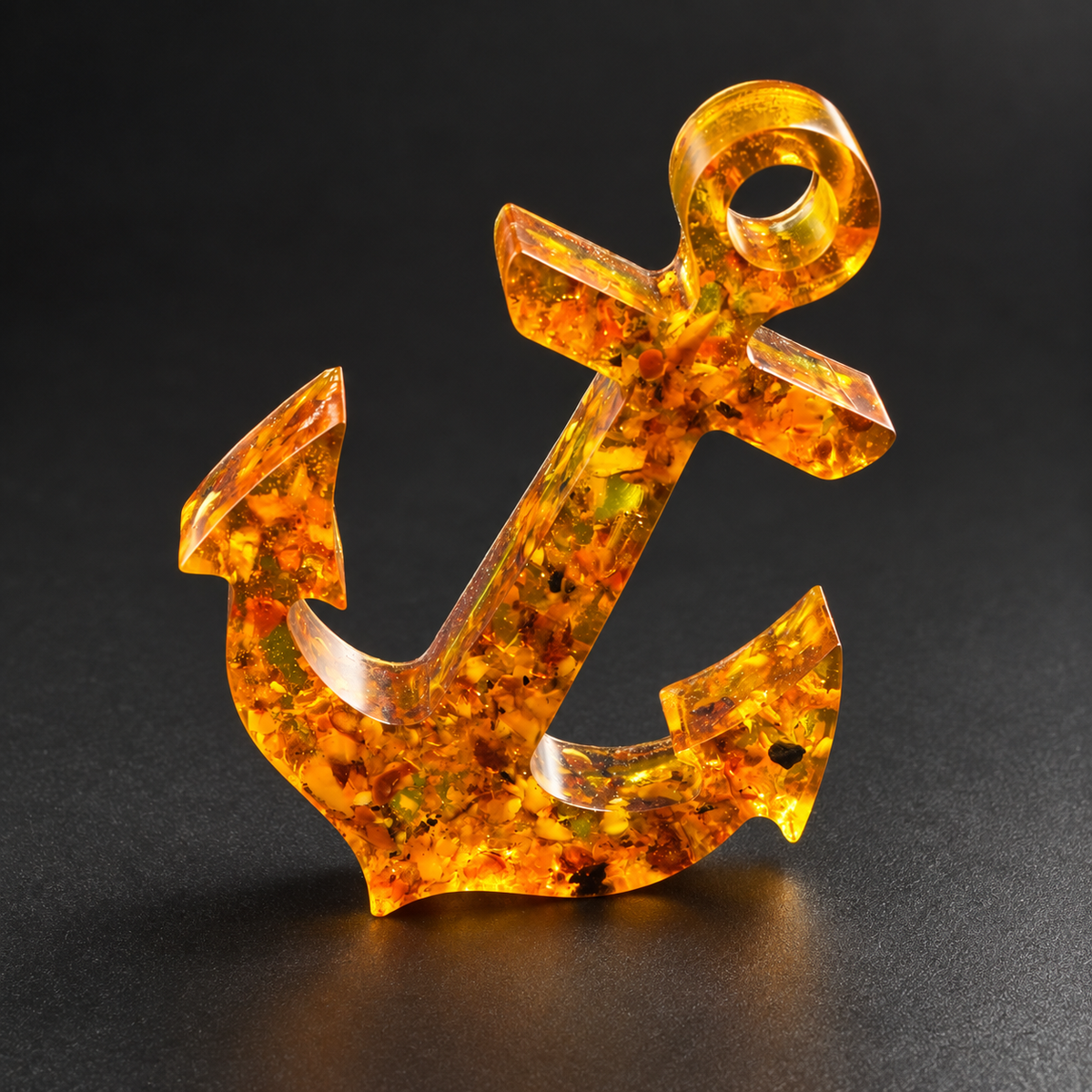 Golden amber anchor with visible natural inclusions on a charcoal studio background.