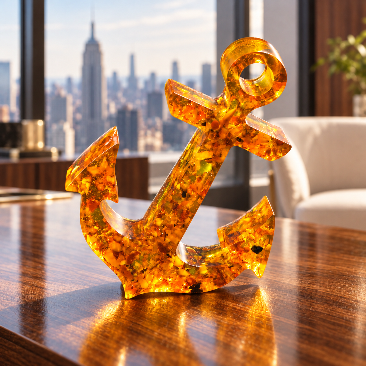 Amber anchor displayed on a polished wooden desk in a luxury New York executive office overlooking Manhattan.