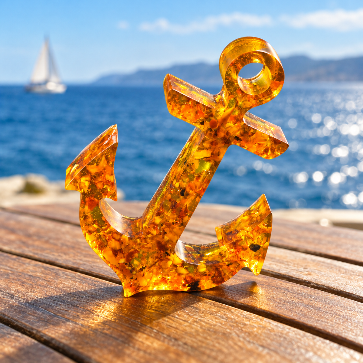Translucent amber anchor on a seaside wooden table with blue ocean and a distant sailboat.