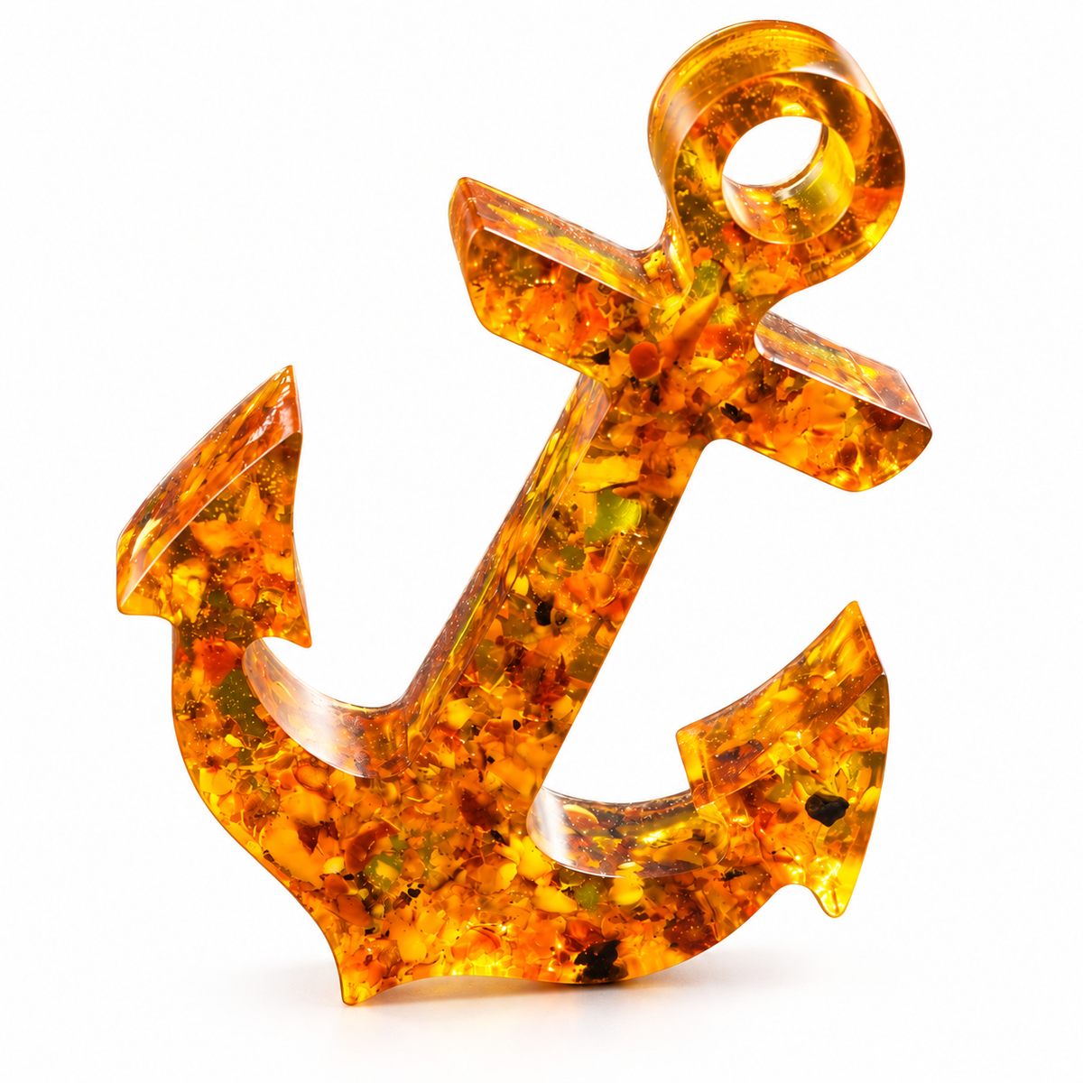 Three-quarter view of a honey-colored Baltic amber anchor isolated on white.
