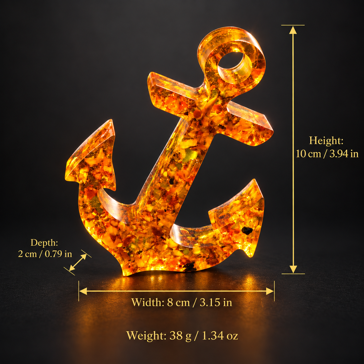 Amber anchor measurements: height 10 cm, width 8 cm, depth 2 cm, weight 38 g, with inch and ounce conversions.