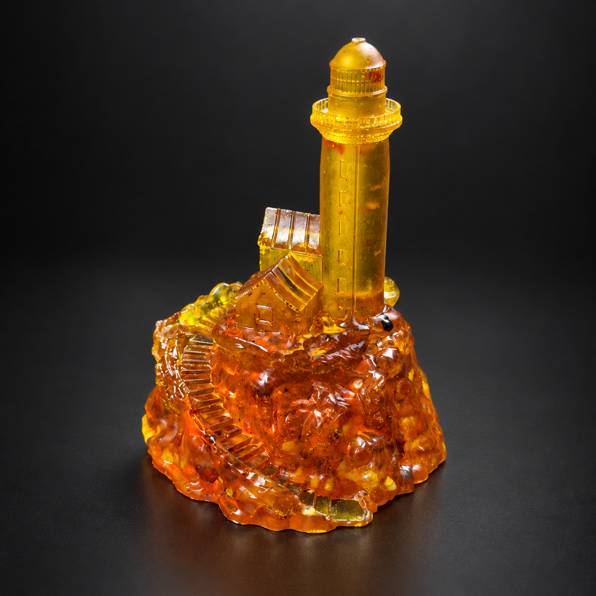 Honey-colored amber lighthouse with keeper houses and a winding staircase on a cognac-colored rocky base against a black studio background.