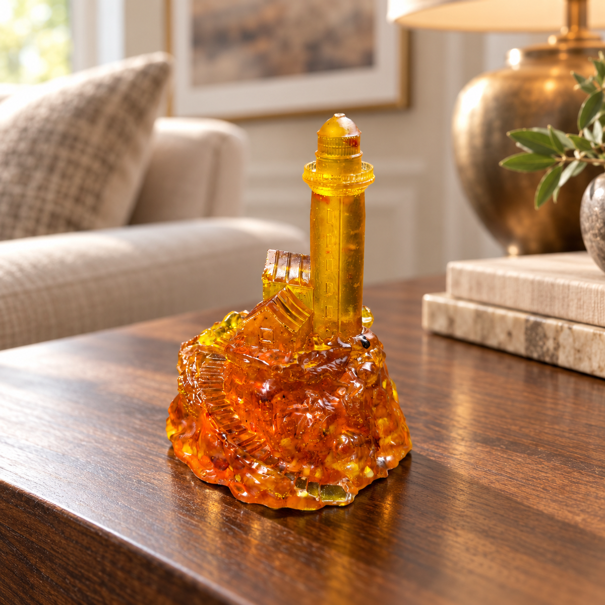 Amber lighthouse figurine displayed on a walnut console in an elegant American living room with cream furnishings and softly blurred artwork.