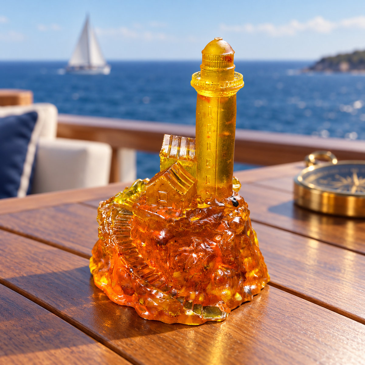 Amber lighthouse figurine on a teak tabletop beside a softly blurred brass compass, with blue ocean and a distant sailing yacht behind it.