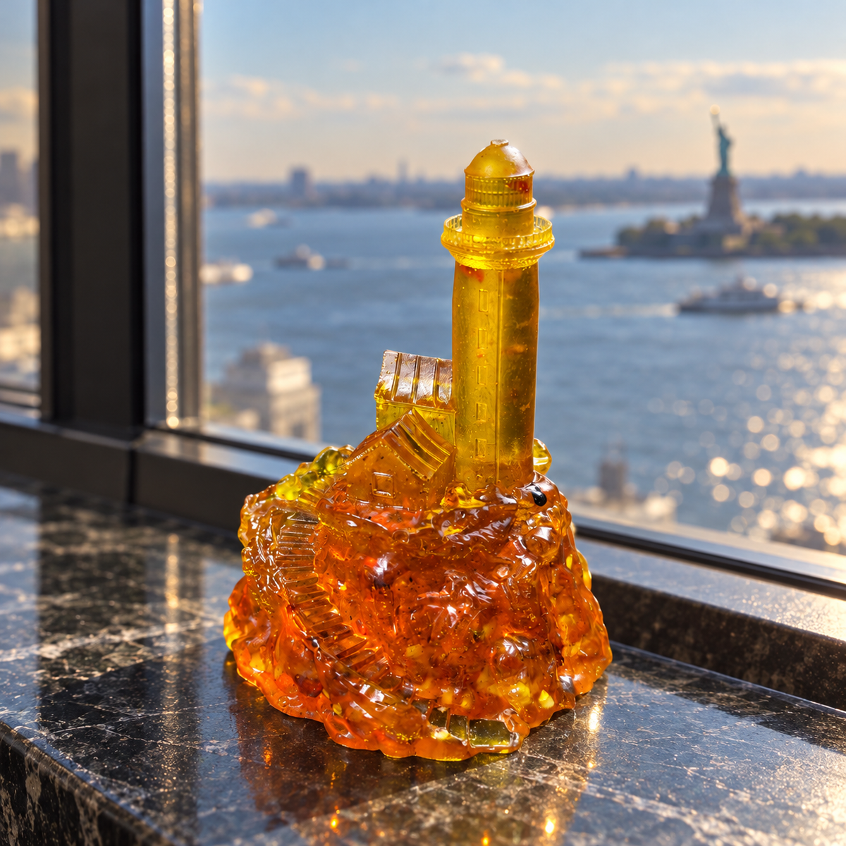 Golden amber lighthouse on a dark stone windowsill overlooking New York Harbor, with the Statue of Liberty softly blurred in the distance.