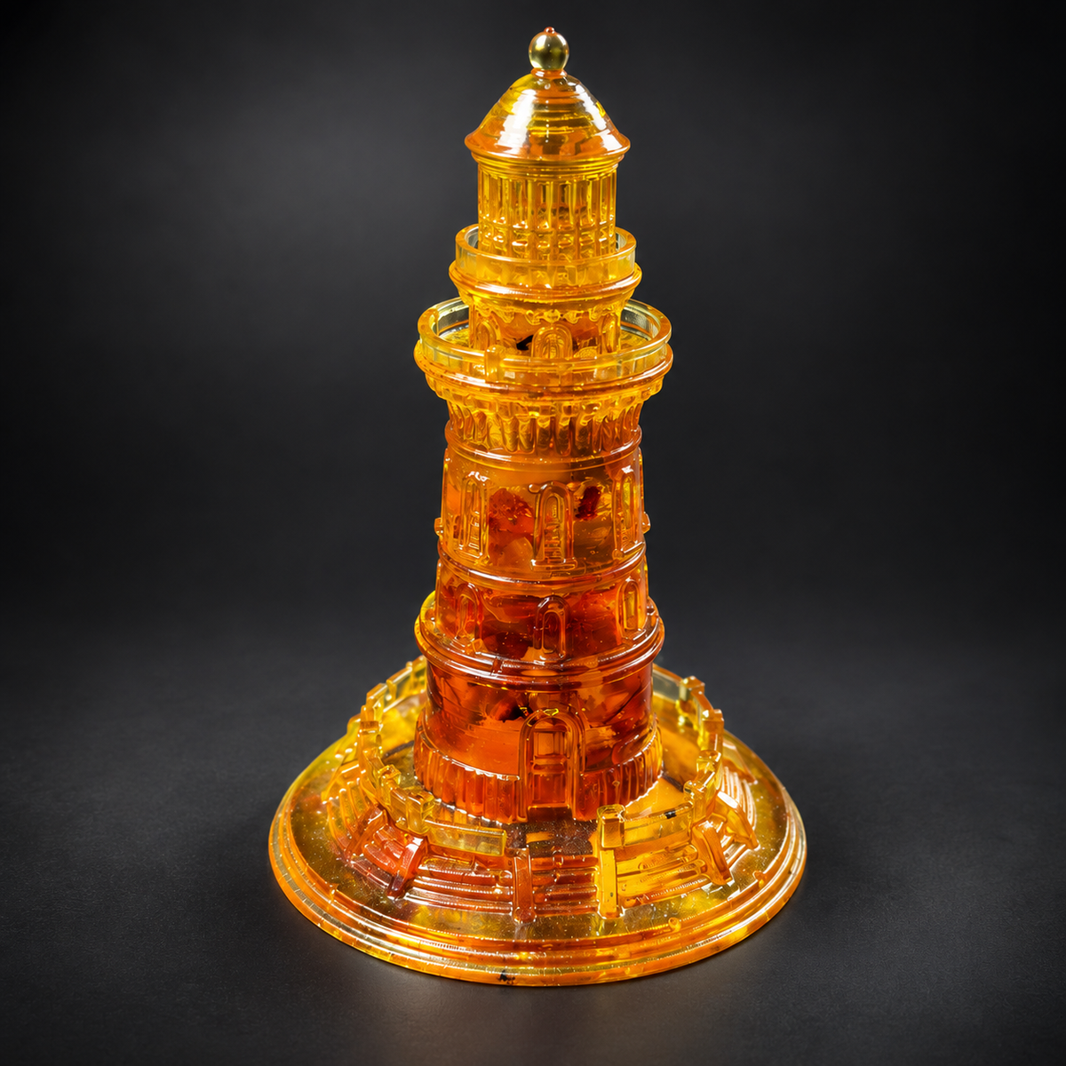Ornate amber lighthouse with circular balconies and a round stepped base on a charcoal studio background.