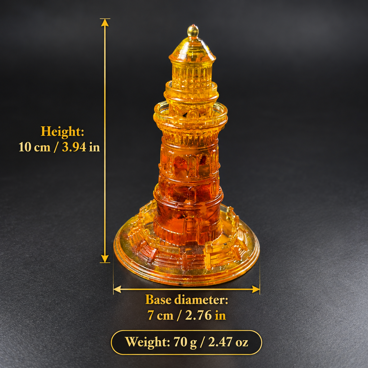 Amber lighthouse dimensions: height 10 cm, base diameter 7 cm, weight 70 g, with inch and ounce equivalents.
