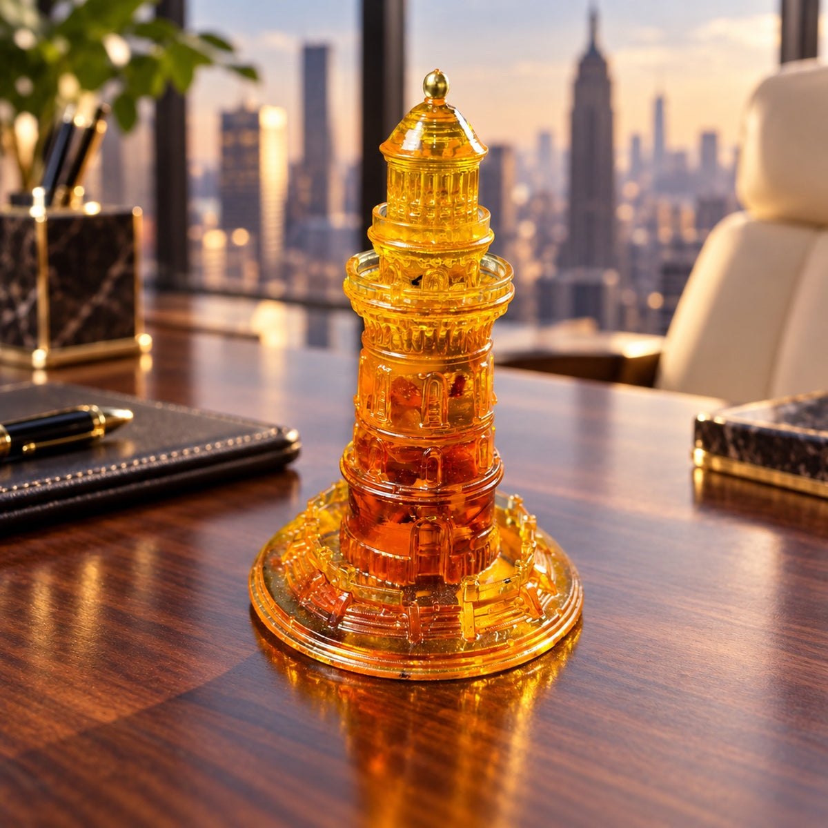 Amber lighthouse on a polished wooden executive desk in a luxury Manhattan office overlooking New York.