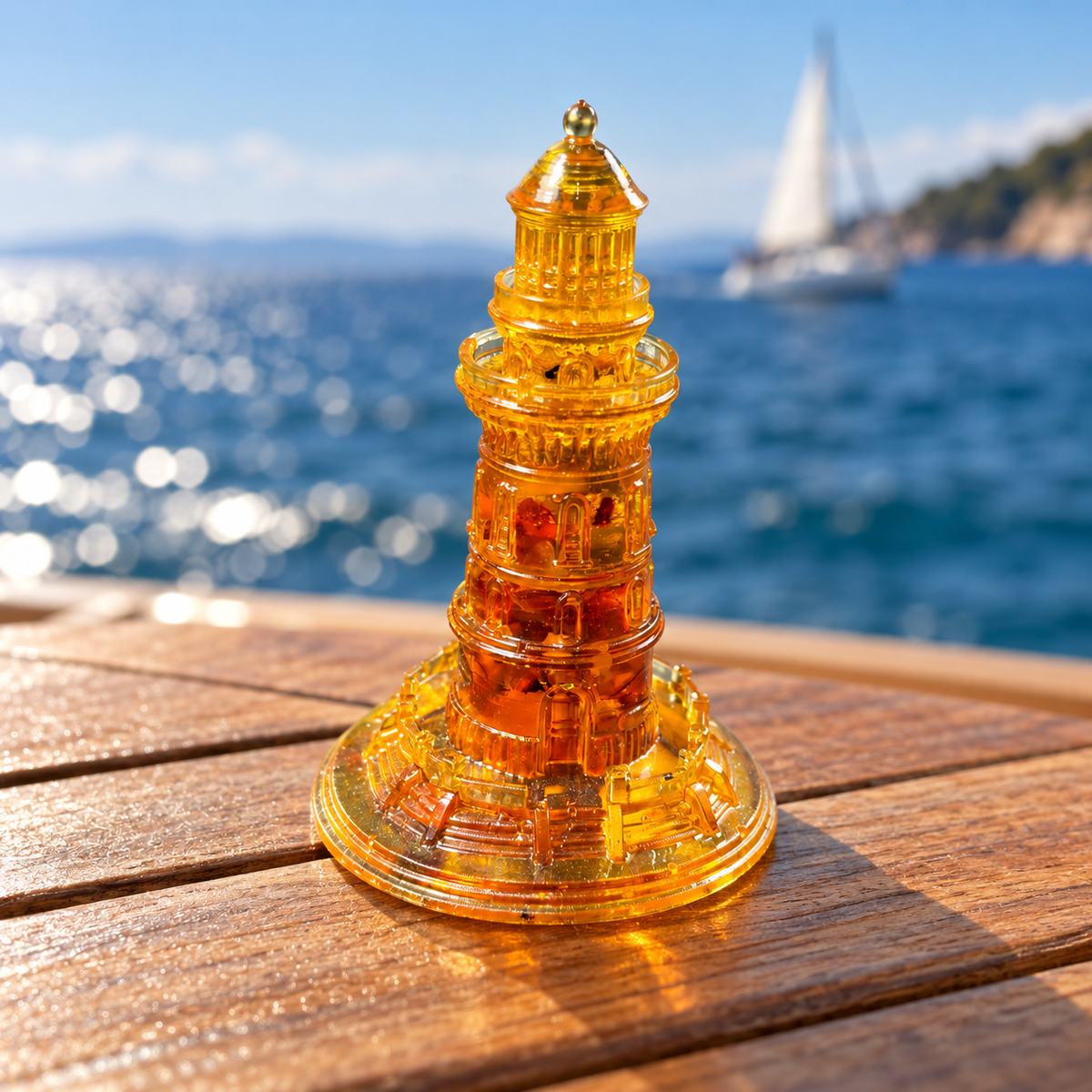 Honey and cognac amber lighthouse on a seaside teak table with blue ocean and a distant sailboat.