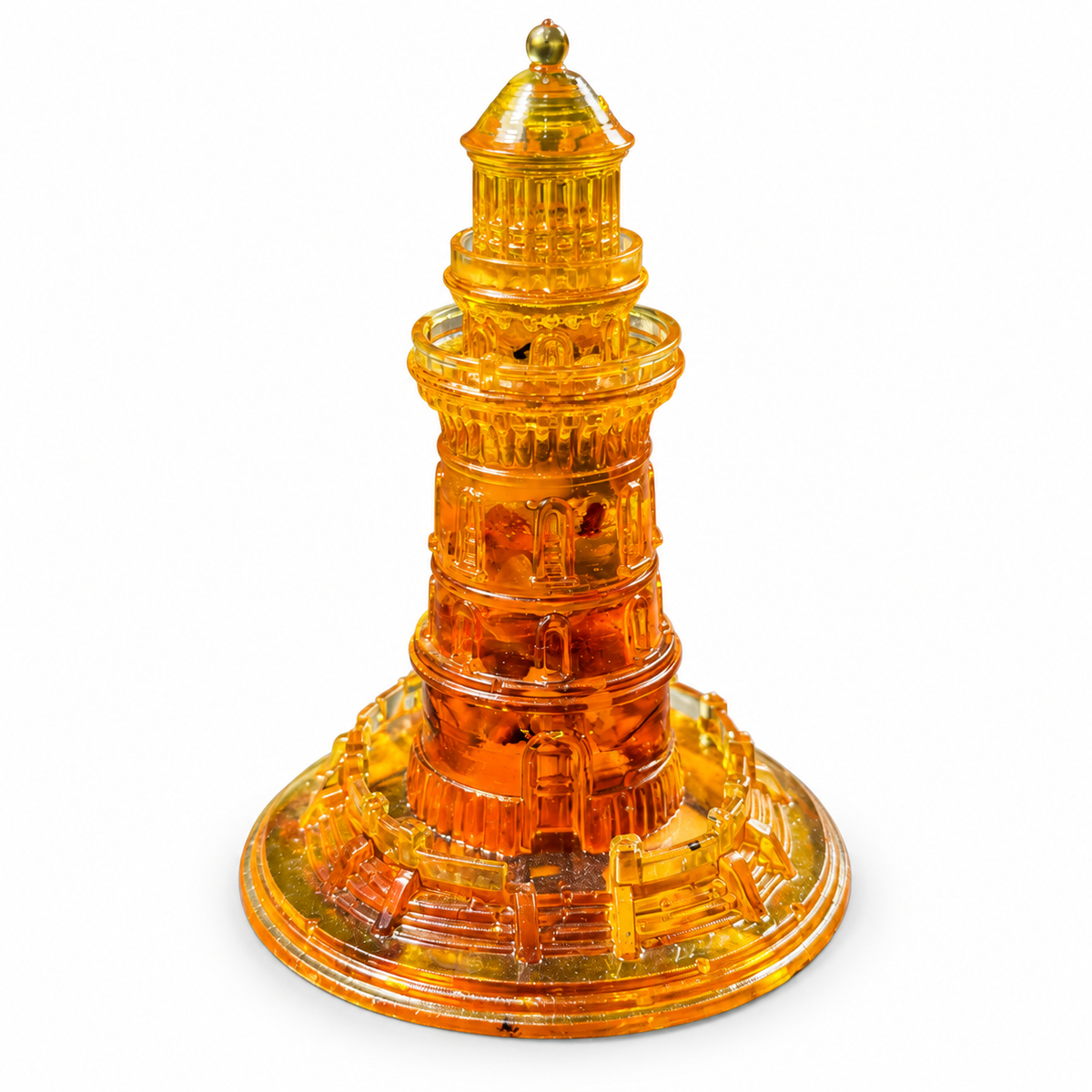 Golden and cognac amber lighthouse showing arched windows and circular railings on a pure white background.