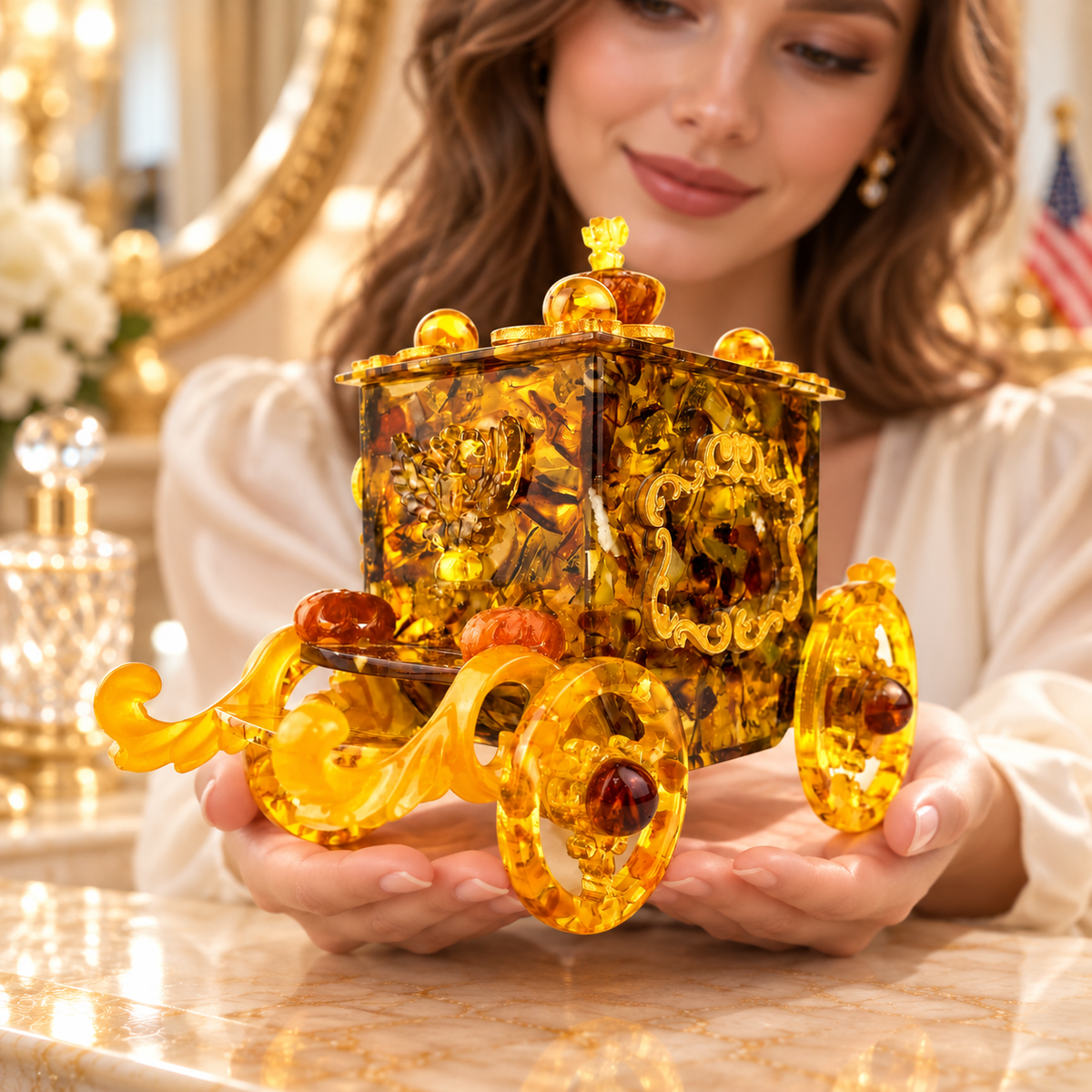 Adult woman holding the exact KIZIMA carriage Baltic amber jewelry box 45P3700q293 at an ivory marble boudoir vanity