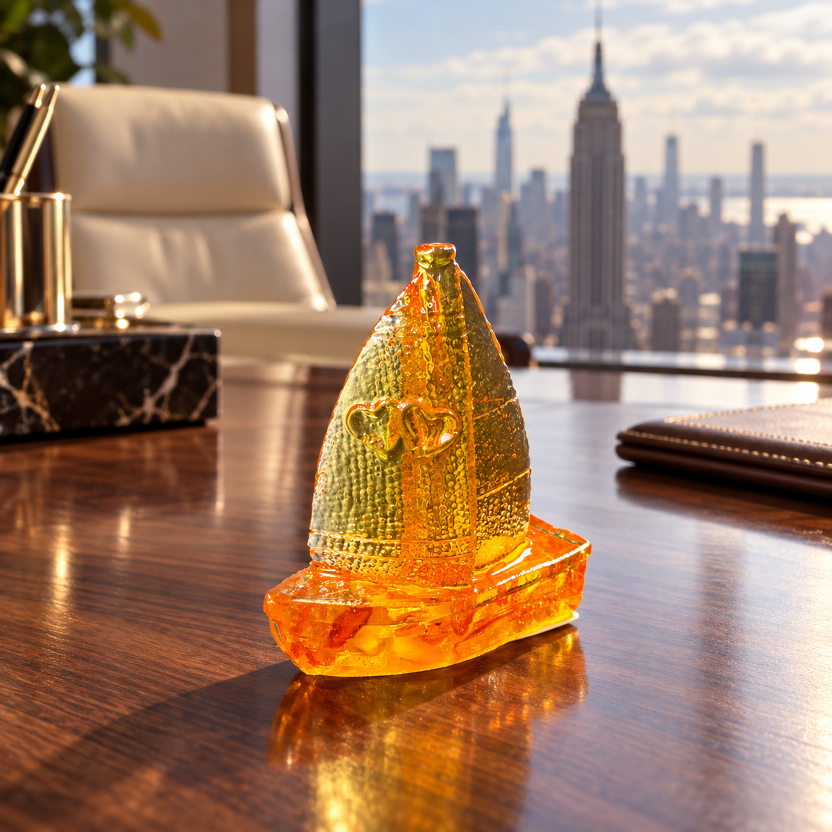 Small amber sailboat on a polished executive desk in a luxury Manhattan office with the New York skyline behind.