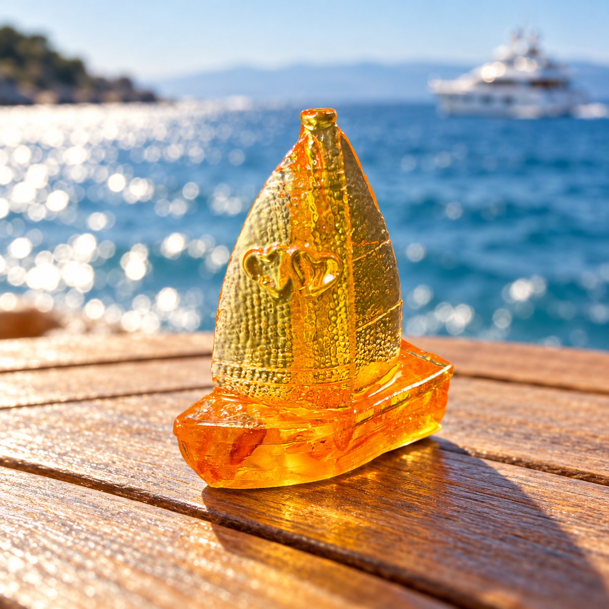 Golden amber sailboat with two hearts on a teak table overlooking blue ocean and a distant white yacht.