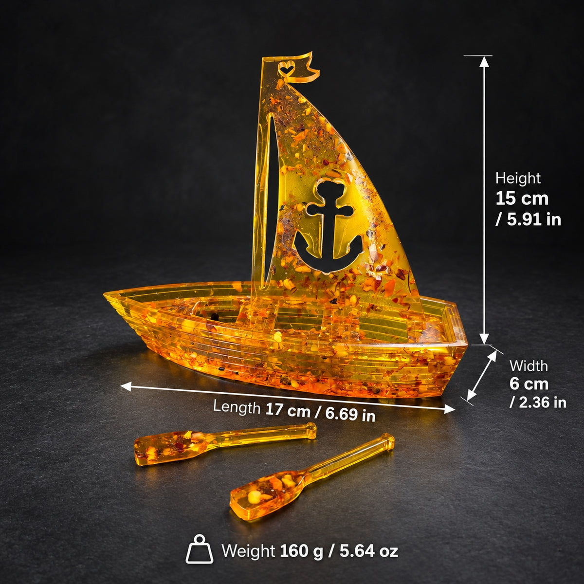 Anchor sailboat dimensions: height 15 cm, length 17 cm, width 6 cm; weight 160 g, with inch and ounce equivalents.
