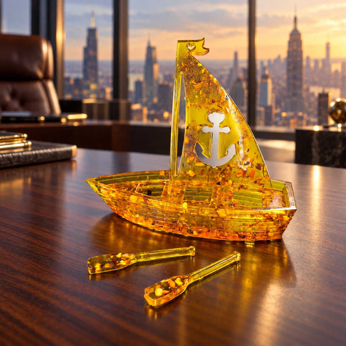 Amber anchor sailboat displayed on a walnut desk in a luxury Manhattan office overlooking the New York skyline.
