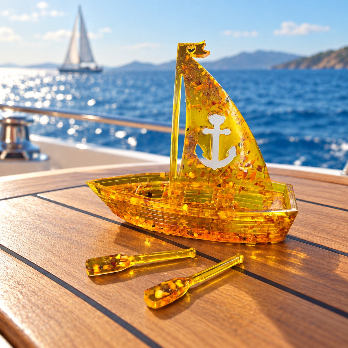 KIZIMA anchor sailboat miniature and two amber oars on a teak yacht table with the blue sea behind.