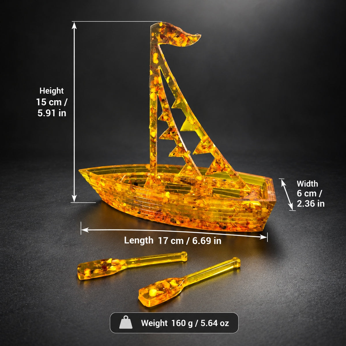 Flags sailboat dimensions: height 15 cm, length 17 cm, width 6 cm; weight 160 g, with inch and ounce equivalents.