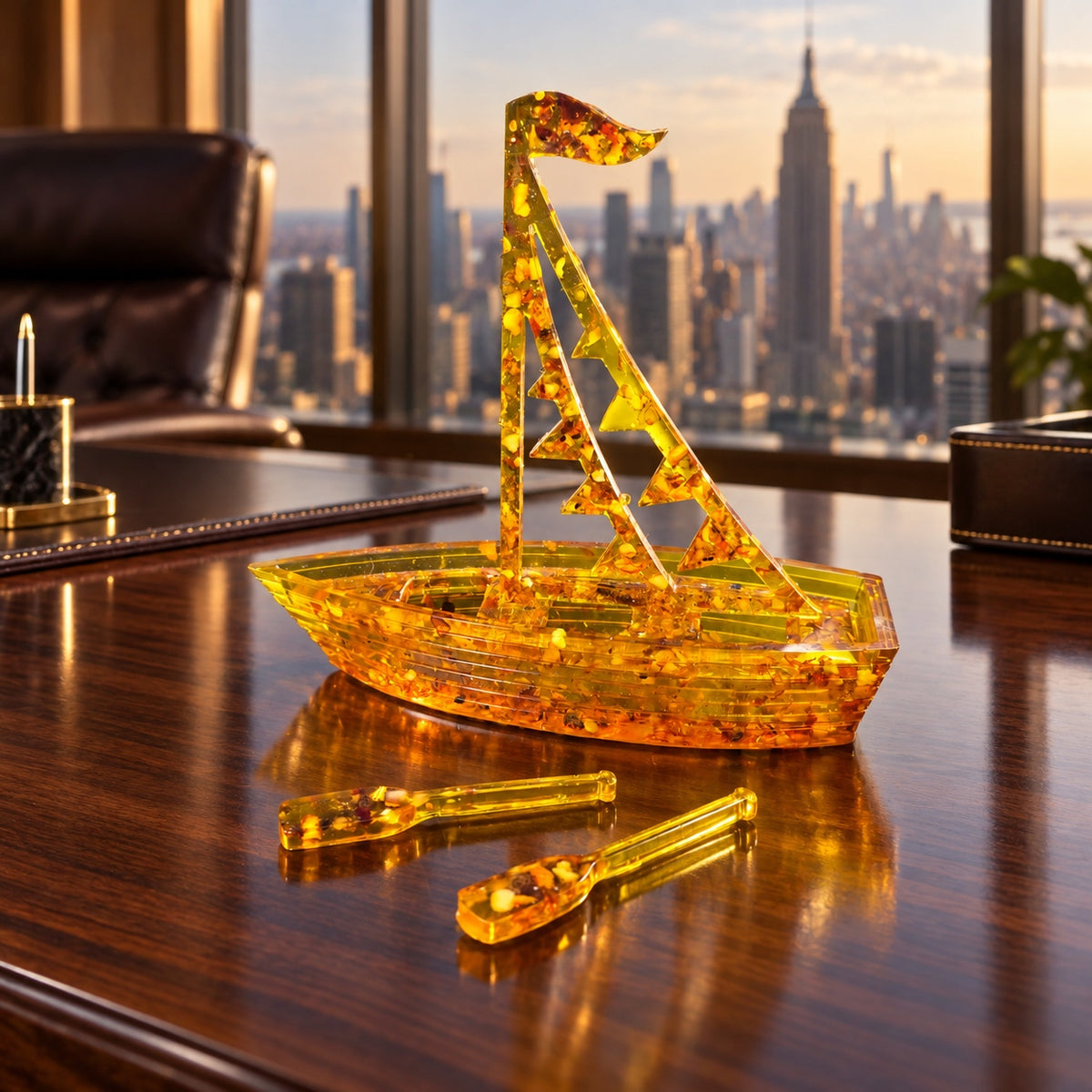 Amber flags sailboat displayed on a walnut desk in a luxury Manhattan office overlooking the New York skyline.