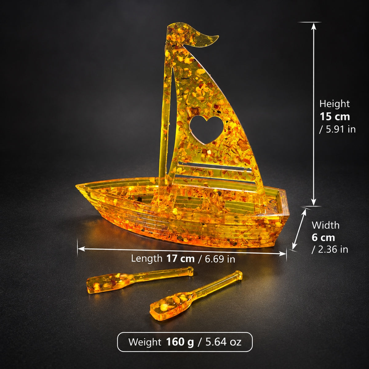 Heart sailboat dimensions: height 15 cm, length 17 cm, width 6 cm; weight 160 g, with inch and ounce equivalents.